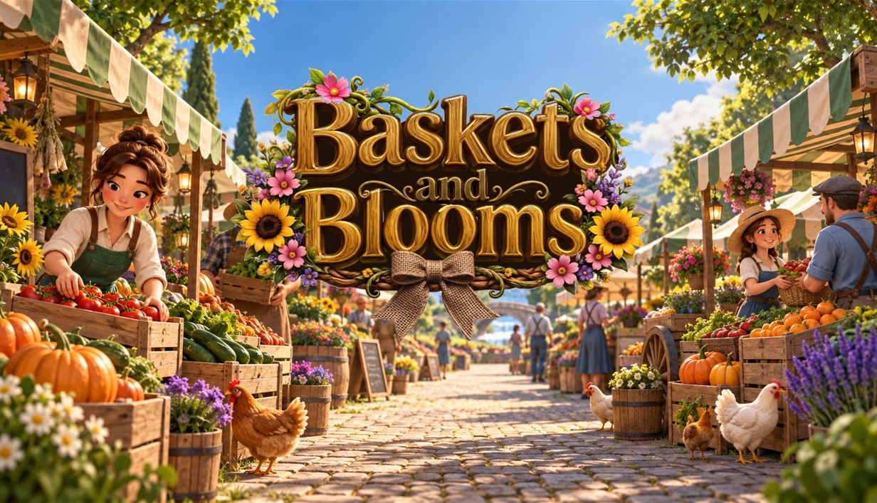 Baskets and Blooms market street lined with produce stalls, flowers, and chickens