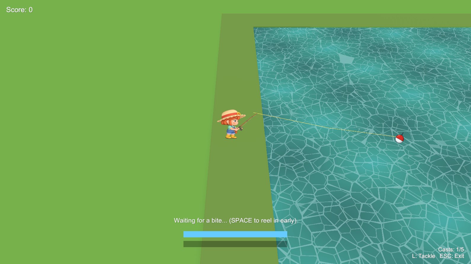 In-game: fishing challenge with the farmer casting a line into the water
