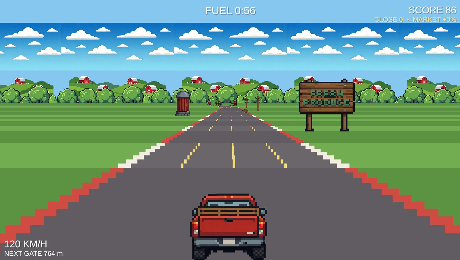 In-game: pixel-art driving challenge with the red farm truck on a country road
